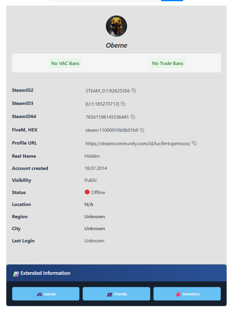 Example of Steam profile analysis results displayed by our checker tool.